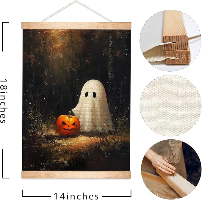 Rustic Halloween Ghost and Pumpkin Wall Art 18.5x14 Inch, Vintage Farmhouse Linen Canvas Wall Hanging Poster , Halloween Home Decor, Retro Gothic Haunted House Theme Wall Poster for Living Room Bedroom(BLK09)