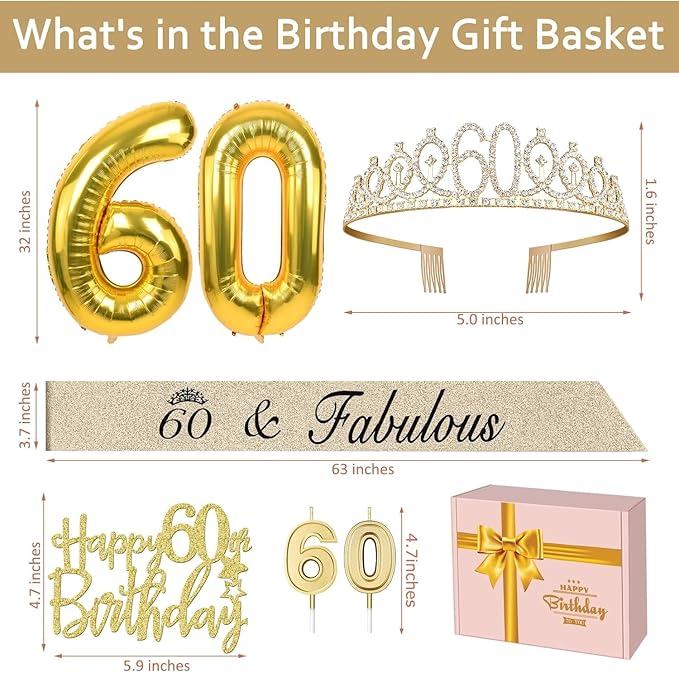 60th Birthday Decorations for Women Gold with 60th Birthday Sash and Tiara, Cake Topper and Candles,Number Balloons, 60 Year Old Gifts for Women