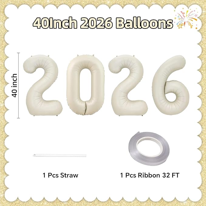 KALOR 42 Inch 2026 Cream White Foil Mylar Number Balloons, Giant 2026 New Years Decorations for 2026 Happy New Year Eve and Graduations Party Supplies