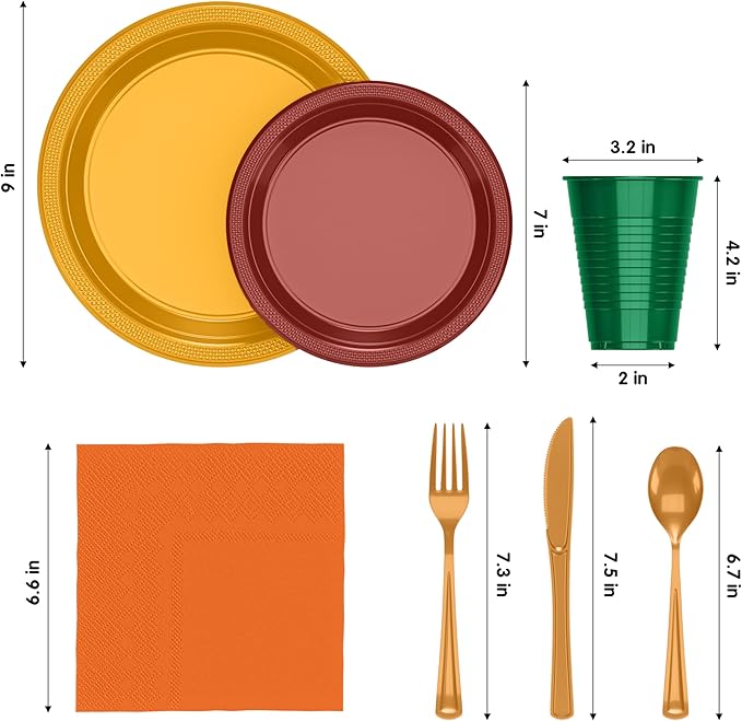 Party Solids 350 Pieces Thanksgiving Plastic Plates For Party, Thanksgiving Disposable Plates Set, 50 Of Each 9" Dinner Plate Set, 7" Dessert Plate, Cups, Napkins & Cutlery Plastic Dinnerware