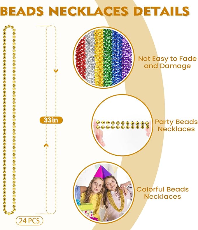 24 PCS Mardi Gras Beads Necklaces, 33 Inch 6 Colors Bead Necklaces Colorful Party Beads for Mardi Gras, St. Patrick's Day, Christmas, Carnival Party Favor