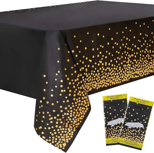 Black and Gold Disposable Tablecloth for Party Gold Dot Rectangular Plastic Table Cover, for Graduation, Birthday, Retirement, New Year Eve 2026, Anniversary, Holiday Decorations, 108"x54", 2 Packs