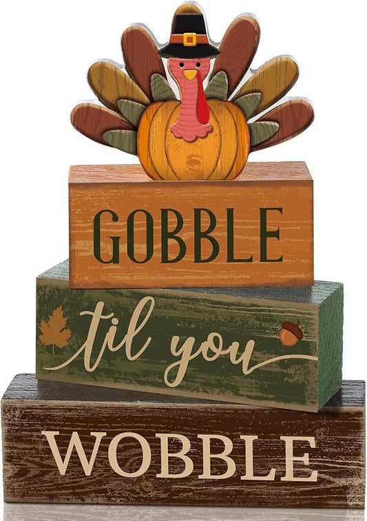 4 Pcs Thanksgiving Decoration for Home Wooden Turkey Decor Thanksgiving Table Decor Fall Tiered Tray Decoration Thanks Giving Centerpiece Rustic Turkey Block Sign for Harvest Party Kitchen