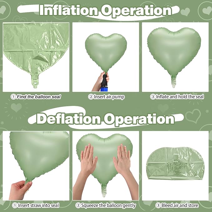 Sage Green Heart Foil Balloon, 10PCS Olive Green Heart Helium Balloons, Light Green Heart Shaped Mylar Balloons for Jungle Safari Party Birthday Graduation Garden Wedding Baby Shower Party Decorations