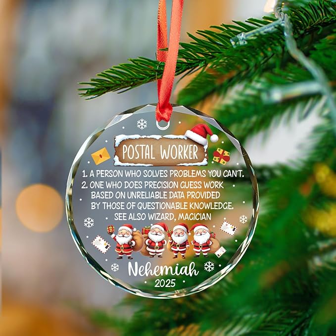 Postal Worker Definition Christmas Ornament, Personalized Name Mail Carrier Glass Ornament Xmas 2025, Gifts for Postal Workers Mailman, Custom Santa Postman Christmas Keepsake Gift, Xmas Tree Decor