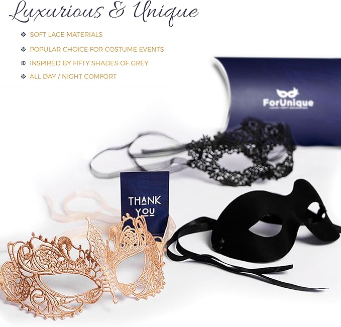 Masquerade Mask for Couples Women and Men - 3 Pack Venetian Gold and Black Lace, Mardi Gras Mask