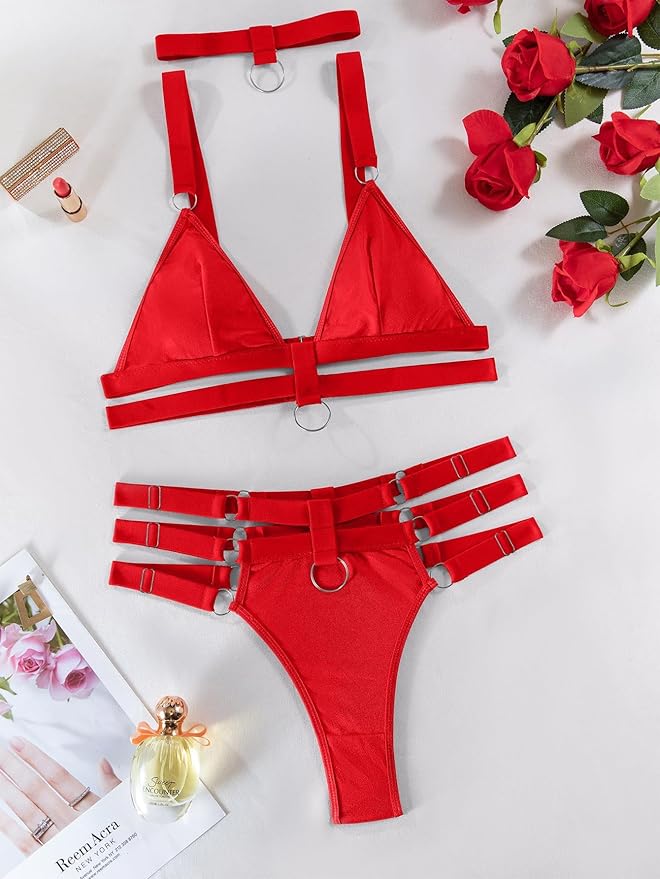 Lilosy Sexy Wireless Choker O Ring Linked Strappy Harness Lingerie Set Outfits 3 Piece