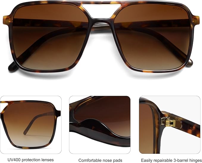 SOJOS Trendy Vintage Aviator Square Sunglasses For Womens Mens Retro 70s UV400 Women Sun Glasses SJ2327