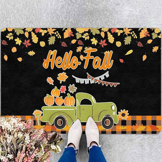 InterestPrint Fall-Happy-Thanksgiving Door Mat Fall Truck Maple Leaves Welcome Doormat, Seasonal Harvest Thanksgiving Vintage Rustic Low-Profile Floor Switch Mat for Indoor Outdoor, 30"x18"inch