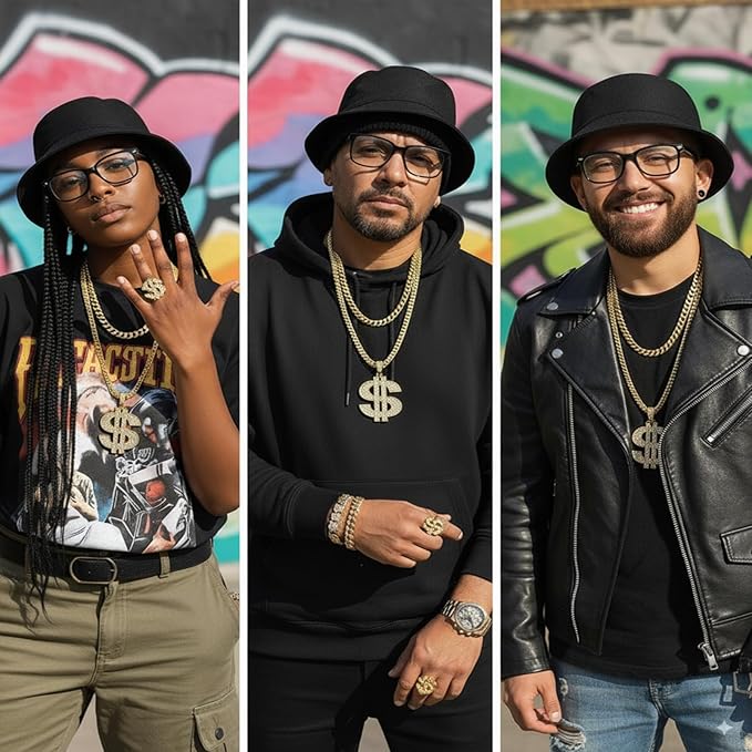 Gejoy Hip Hop Costume Kit 80s 90s Rapper Accessories Outfit for Men Women Sunglass Hat Chain Ring Halloween Party Decoration