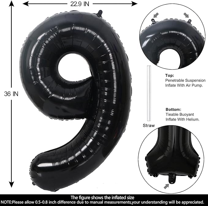40 Inch Black Number 9 Balloons Helium Giant Black 9 Balloons for Birthday Party Decorations Anniversary Baby Shower Photo Shoot Supplies