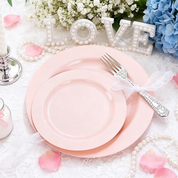 MENDENG 50PCS Pink Plastic Plates for Party, 25x10.25 Dinner Plates & 25x7.5 Dessert Plates, Heavy Duty Disposable Plastic Plates for Wedding Party Birthday Mother's Day