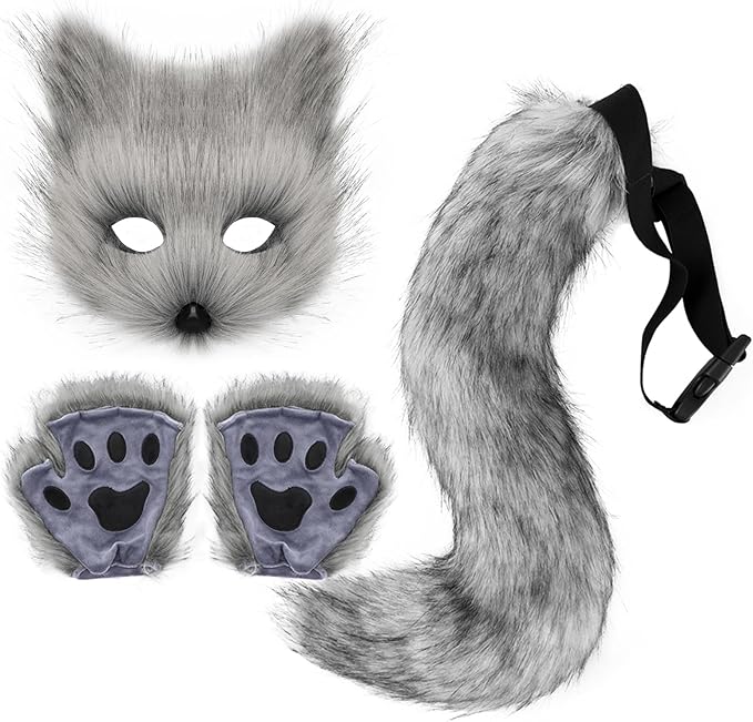 Adolala Faux Fur Fox Tail Cat Wolf Set Plush Mask Fluffy Paw Gloves Halloween Christmas Party for Women
