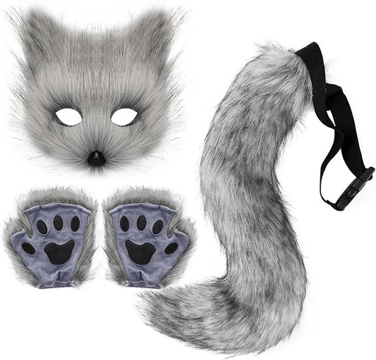 Adolala Faux Fur Fox Tail Cat Wolf Set Plush Mask Fluffy Paw Gloves Halloween Christmas Party for Women