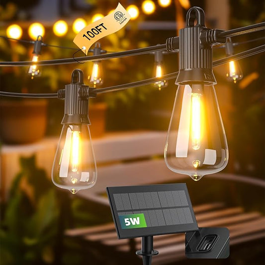 Kawaya Solar Powered String Lights for Outside: 100 FT LED Outdoor Patio Lights with USB-Charging - IP65 Waterproof Hanging Light - 50+2 Shatterproof Edison Bulbs for Bistro Cafe Camp Yard Balcony
