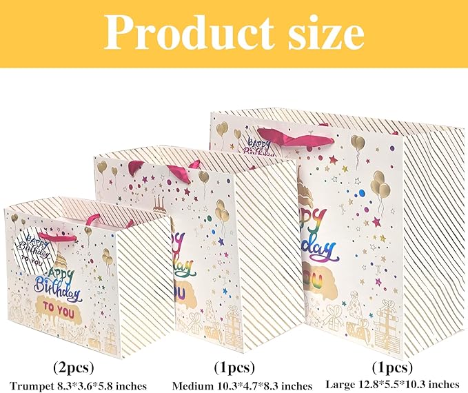 suosicn Birthday Gift Bag with Handle and Tissue Paper, Birthday Gift Bags Assorted Sizes 2 Small 8.3" 1 Medium 10.3" 1 Large 12.8" (4 Golden Birthday Cake Gift Bag)
