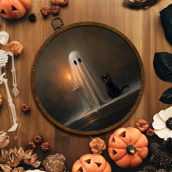 Funny Halloween Ghost and Black Cat Round Wall Art,Gothic Canvas Wall Hanging Decor, Spooky Farmhouse Vintage Round Wall Art for Bedroom Living Room Entryway, Rustic Ghost Gothic Wall Decor,Gift for Halloween 10x10Inch (Dark-Ghost02)