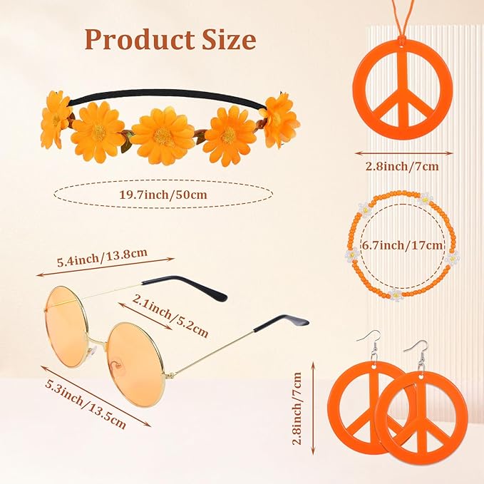 6Pcs Hippie Costume Accessories Set, Boho Peace Sign Daisy Flower Round Hippie Sunglasses and Peace Sign Necklaces and Earrings 60s 70s Party Favors Decoration for Halloween and Christmas Girls Women