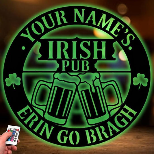 Personalized Irish Pub Metal Sign - Custom Bar Wall Art with LED, Vintage Tavern Decor for Home, Man Cave, Basement, St. Patrick’s Day Gifts for Men, Dad, Papa, Grandpa, Beer Lovers