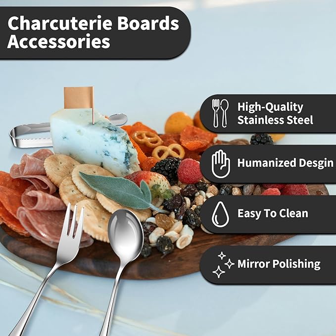 Charcuterie Boards Accessories, Charcuterie Utensils, Stainless Steel Spreader Knives Forks Spoons Mini Serving Tongs Small Dipping Bowls Toothpick Flags Utensils for Pastry Making