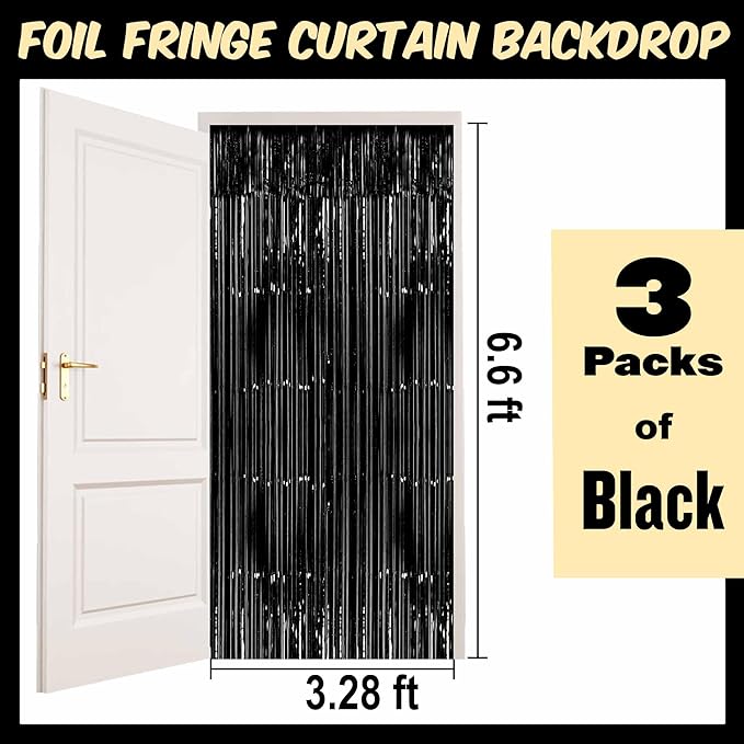 3 Pack Black Foil Fringe Curtains Backdrop, 3.28 x 6.6 Ft Metallic Streamers Tinsel Curtains Background for Photo Booth, Birthday, Halloween, Christmas, Thanksgiving, New Year Party Decorations