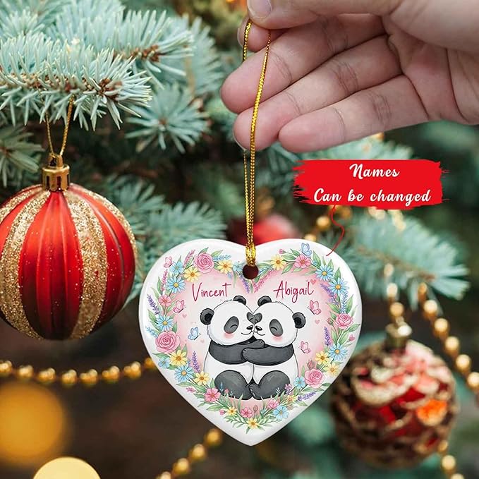 Personalized Panda Couple Ceramic Ornament Xmas, Red Panda Engaged Ornament for Christmas Tree, Engagement Anniversary Keepsake Gift, Custom Names Cute Pandas Bear 1St Xmas Together Ornaments