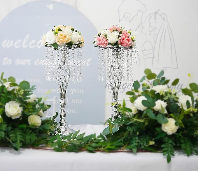 Metal Flower Stands with Crystal Beads, Wedding Centerpieces for Table Decorations, Elegant Metal Flower Arrangement Stands, Flower Vases for Wedding Party Celebration Home Decor (Silver-10pcs)