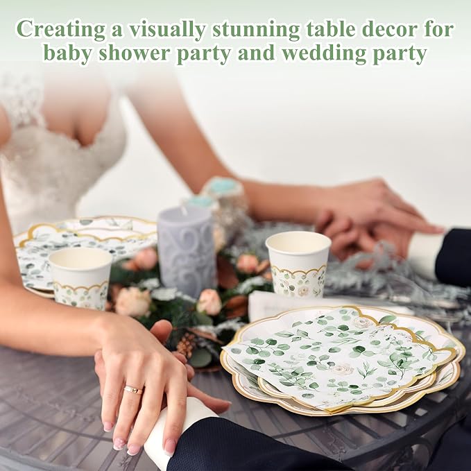 250 Pcs Sage Green Color Party Decorations Eucalyptus Greenery Plates Cups and Napkins Paper Baby Shower Bridal Shower Party Tableware Set for Wedding Birthday Jungle Decorations, Serves 50