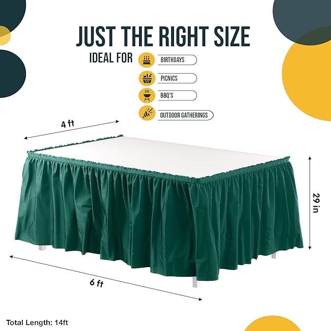Exquisite Ruffle Table Skirt Dark Green 6 Pack 14 Ft Long Table Skirts for Rectangle Tables 6ft Plus or Round Tables Skirts with Adhesive Strip for Gender Reveal Decor & Happy Birthday Parties