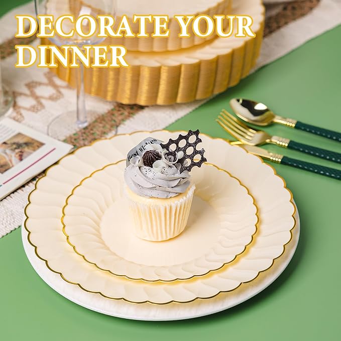 Lullaby 60PCS Light Yellow Plastic Plates, Disposable Elegant Plates Include 30pcs Dinner Plate 10.25", 30pcs Plastic Dessert Plate 7.5", Perfect for Wedding and Party