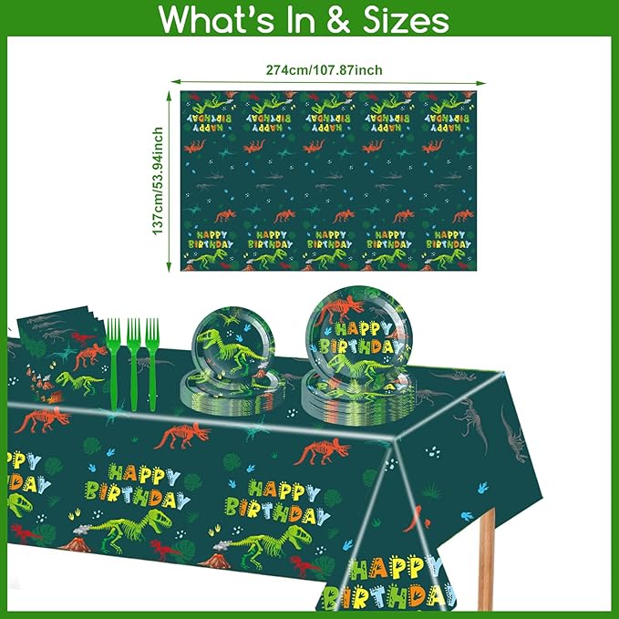 101 PCS Dinosaur Birthday Decorations Dino Party Decorations Set-Plates and Napkins,Tablecloth,Forks for Boy Dinosaur Baby Shower Decorations,Dino Theme Party,Serves 25 Guests