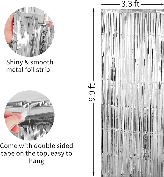 Crosize 7 Pack 3.3 x 9.9 ft Silver Foil Fringe Backdrop Curtain, Streamer Backdrop Curtains, Birthday Party Decorations, Tinsel Curtain for Parties, Galentines Decor, Preppy, Photo Booth