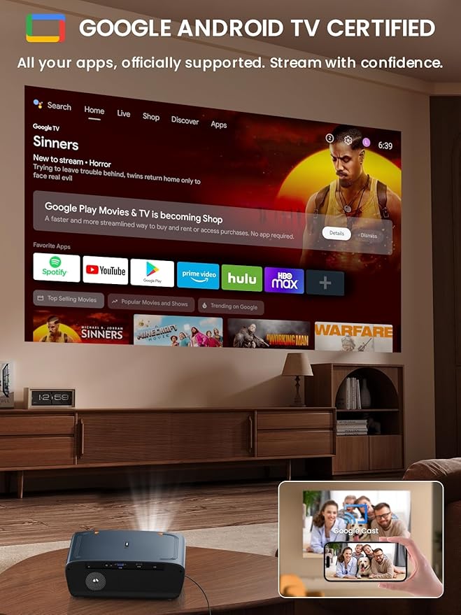 Smart 4K Projector with Certified Apps,Google TV,WIFI6&Bluetooth,2400ANSI Lumen Ultra HD Daytime Projector,ToF Auto Focus,Dolby Audio,HDR10,NFC,HDMI ARC,1.26 Throw Ratio for Home Theater Outdoor Movie