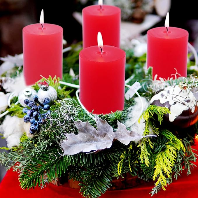 4 Packs 2x3 Inch Red Pillar Candles, Small Unscented Dripless Cylinder Candles for Christmas Home Wedding Valentin's Day Holiday Relaxation Spa Church - 24 Hours Burn Time