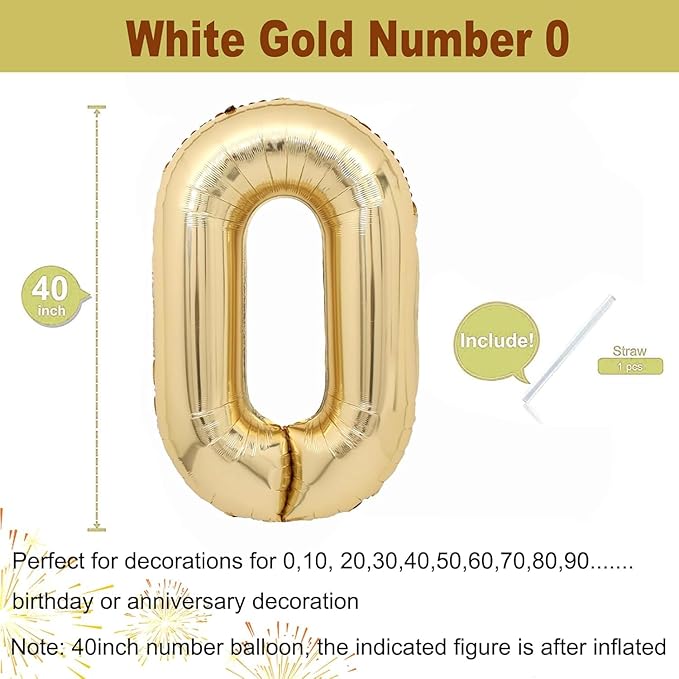 40 inch White Gold Number Balloon Giant Foil Helium Balloons Champagne Gold Number 0 Balloon for Birthday Party Decorations