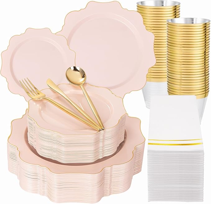 WDF 350Pcs Pink Plastic Plates - Pink and Gold Disposable Plates 50Guest Plastic Dinnerware for Baby Shower/Birthday/Wedding