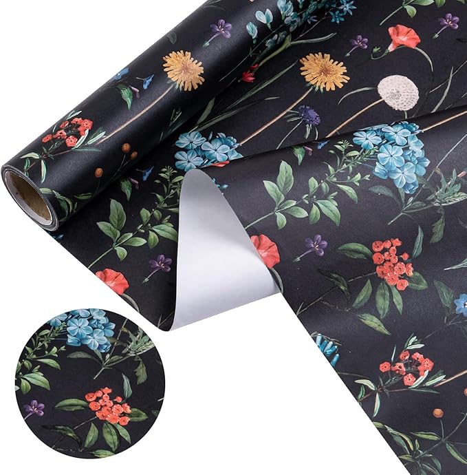 WRAPAHOLIC Kraft Wildflower Wrapping Paper - Mini Roll - 17 Inch x 16.5 Feet - Black Floral Wrapping Paper for Wedding, Birthday, Wedding, Bridal Shower, Drawer Liners, Tea Party