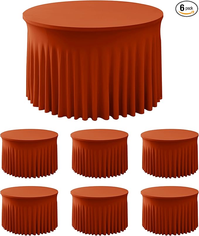 HolidayIdeas 6 Pack Spandex Table Skirts for 60 Inch Round Table, Fitted Stretch Ruffle Cover for Wedding Receptions, Holiday Parties, Rust