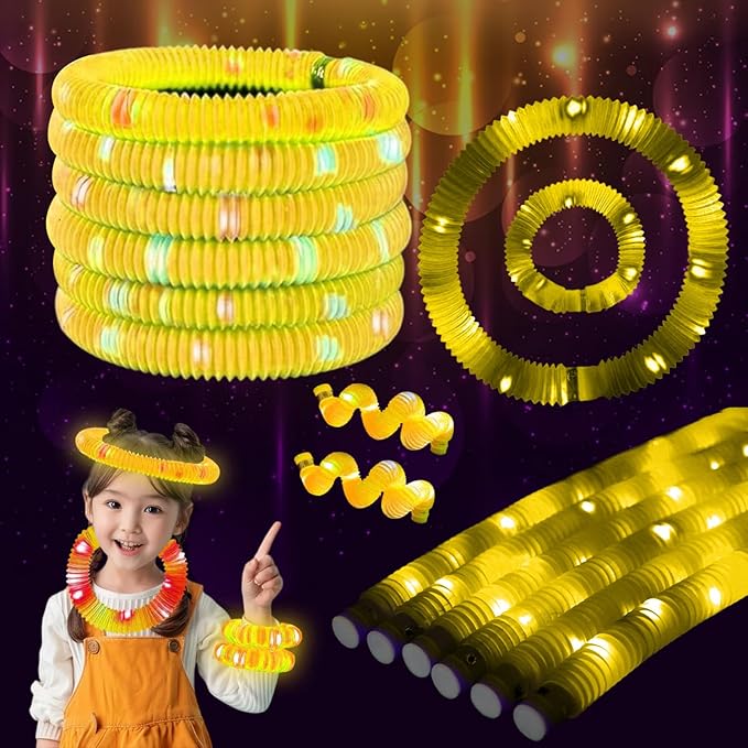 Yellow 12PCS Light Up Pop Fidget Tubes Party Favors-Glow in The Dark Party Supplies for Kids and Adults, Perfect for Festivals, Birthday Parties, Raves, Concerts, and Camping Decorations