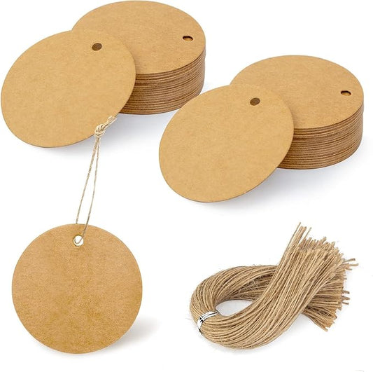 SallyFashion 160PCS Gift Tags with String Attached, Round Brown Gift Tags 2.2x2.2 inch Circle Kraft for Clothing, Gift, Cupcake Party Favors DIY Crafts