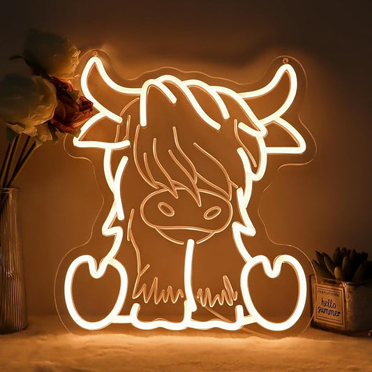 Highland Cow Neon Sign,Warm White Cow Night Light,Farmhouse Decor Sign,Hanging Neon Sign For Kids Room Living Room Birthday highland cow party decorations