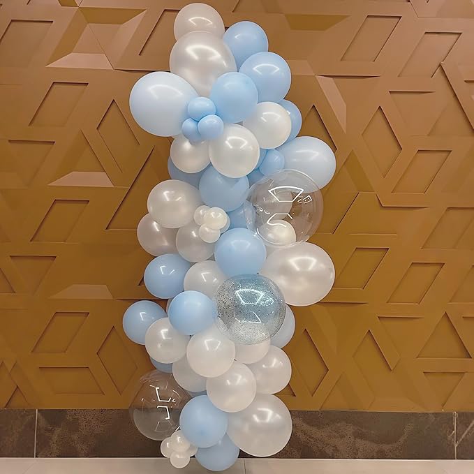 Pastel Blue White Balloons Garland Arch Kit, 104PCS Double Stuffed Pearl White Balloons, Light Baby Blue Clear Balloon for Bridal Shower Baby Birthday Bachelorette Wedding Engagement Party Decorations