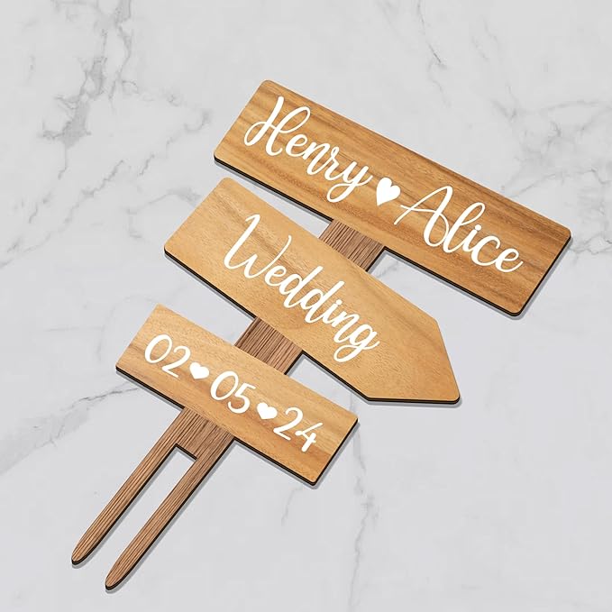 Personalized Rustic Wedding Cake Topper in Wood Custom Bride & Groom Names Initials Wedding Date Cake Decoration (Oak Texture)