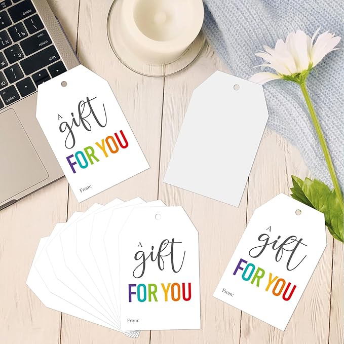 G2PLUS 50Pcs A Gift for You Tags - 3.3x2.2 in White Paper Name Tags with String, Gift Wrapping Hangtag for Wedding Baby Shower Birthday Christmas