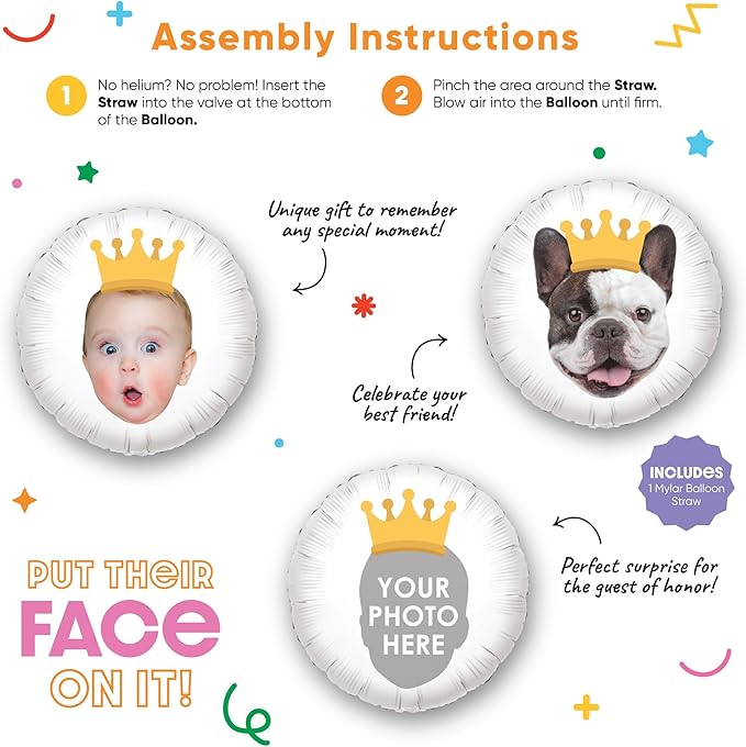Big Dot of Happiness Personalized Crown Fun Face Photo Balloon, Kids Royal or Princess Birthday Party Decorations, Custom Double-Sided Circle Mylar, 1 Piece