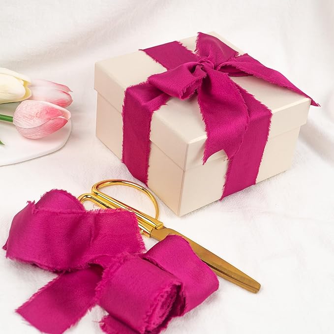 Satin Silk Ribbon, Hot Pink Ribbon for Wrapping, 1-1/2 inch x 15 Yd Handmade Frayed Fringe Ribbons, for Valentine's Day, Wedding Engagement Anniversary Shower Bouquets Invitation, 3 Rolls