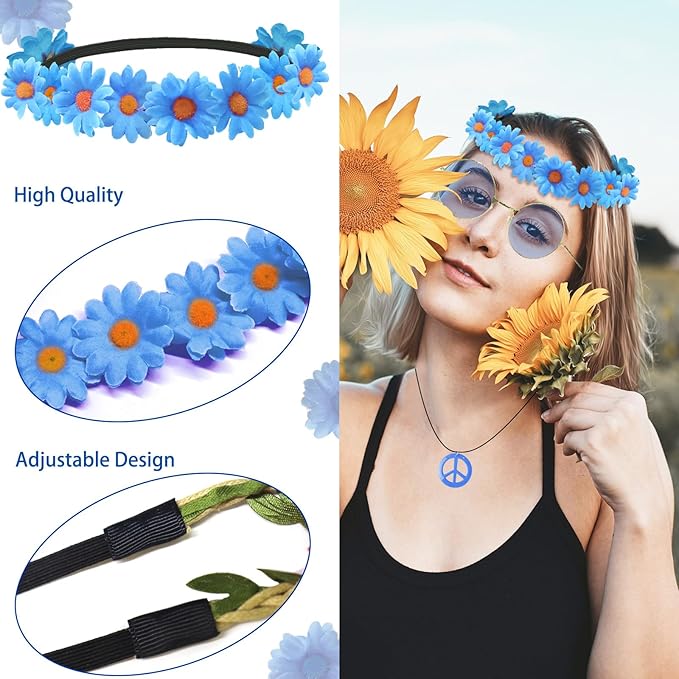 Hippie Costume Set Includes Peace Sign Necklace and Earring, Flower Crown Headband and Sunglasses 60s 70s Party Accessories