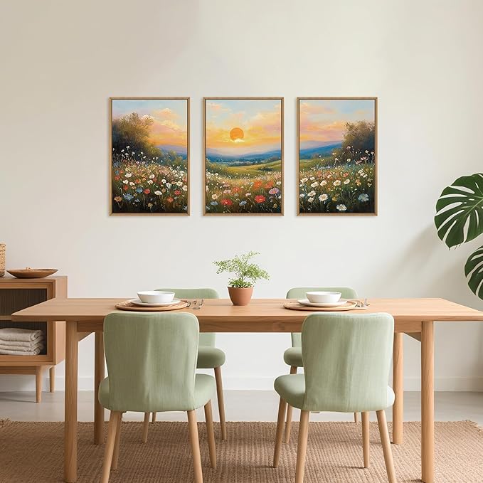 HOURIA Boho Sunrise Wildflower Framed Canvas Wall Art Set,Watercolour Nature Inspired Landscape Wall Decor,Colorful Floral Scenery Artwork,Modern Art Prints for Living Room,Bedroom,Farmhouse-16"x24"x3