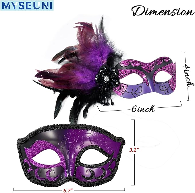 2025 New Masquerade Mask with Feather for Couples - Women's Masquerade Mask with Feather & Men Venetian Costume Mask