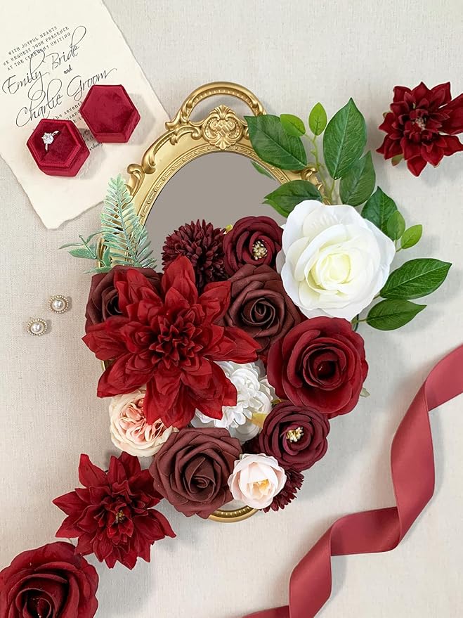 Roses Artificial Flowers Red Bouquet Box Set Fake Flower for DIY Bridal Wedding Shower Decorations Centerpieces for Table Faux Silk Floral Arrangement for Party Home Decor Indoor Burgundy